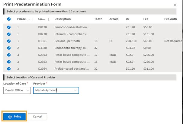 Predetermination Form window with a yellow highlight box around the Print button.